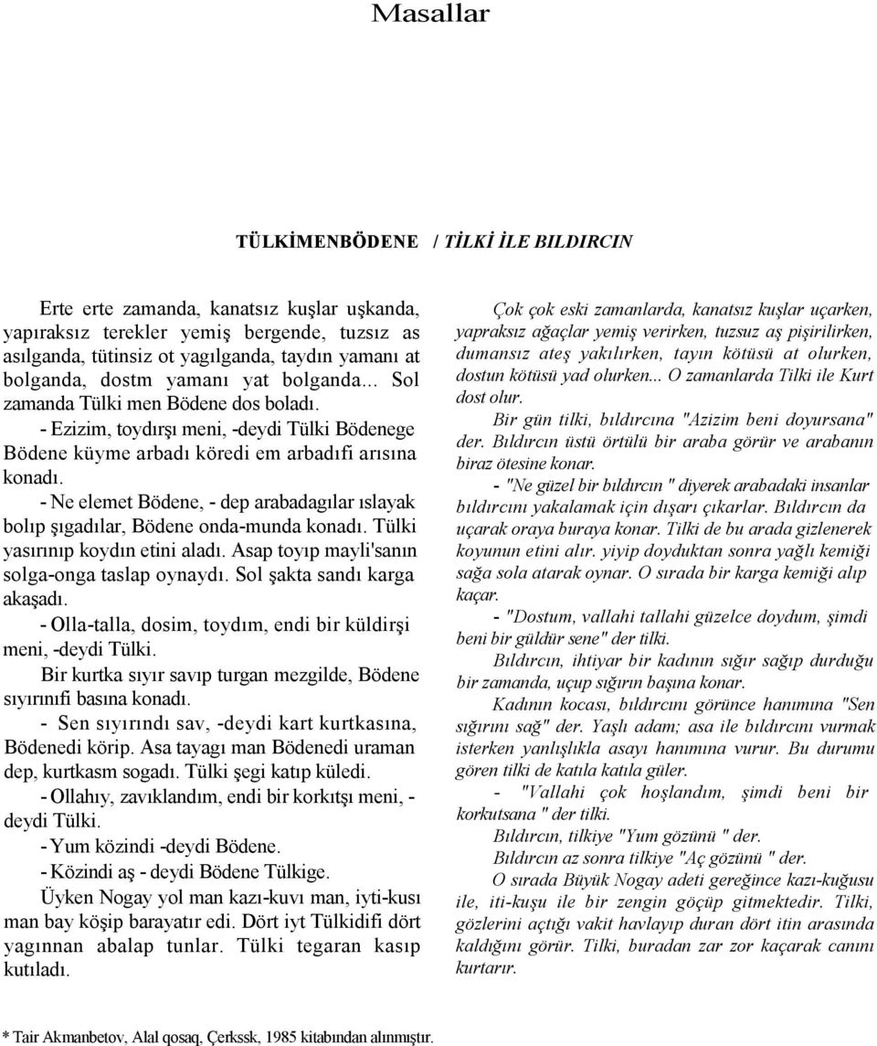 - Ne elemet Bödene, - dep arabadaglar slayak bolp gadlar, Bödene onda-munda konad. Tülki yasrnp koydn etini alad. Asap toyp mayli'sann solga-onga taslap oynayd. Sol akta sand karga akaad.