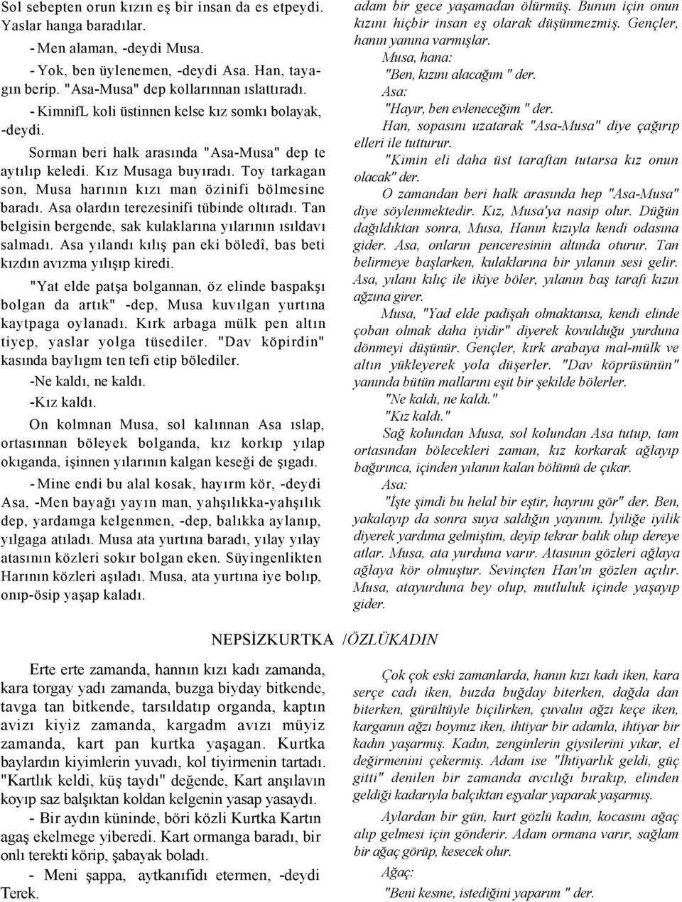 Asa olardn terezesinifi tübinde oltrad. Tan belgisin bergende, sak kulaklarna ylarnn sldav salmad. Asa yland kl pan eki böledî, bas beti kzdn avzma ylp kiredi.