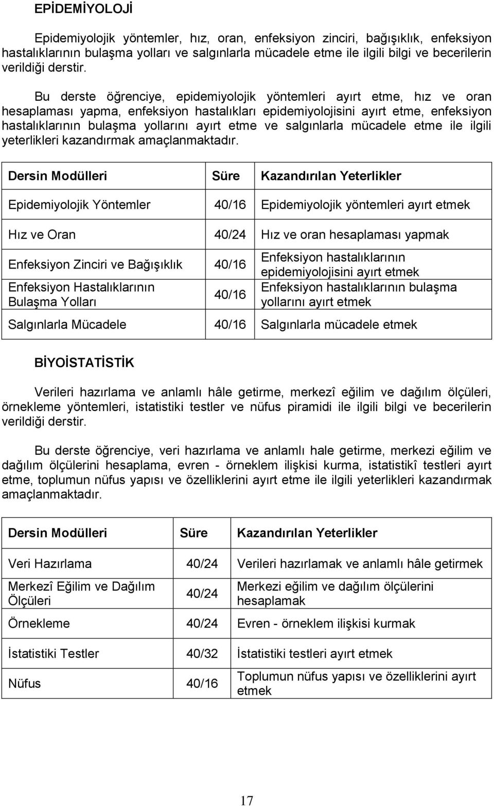 Bu derste öğrenciye, epidemiyolojik yöntemleri ayırt etme, hız ve oran hesaplaması yapma, enfeksiyon hastalıkları epidemiyolojisini ayırt etme, enfeksiyon hastalıklarının bulaşma yollarını ayırt etme