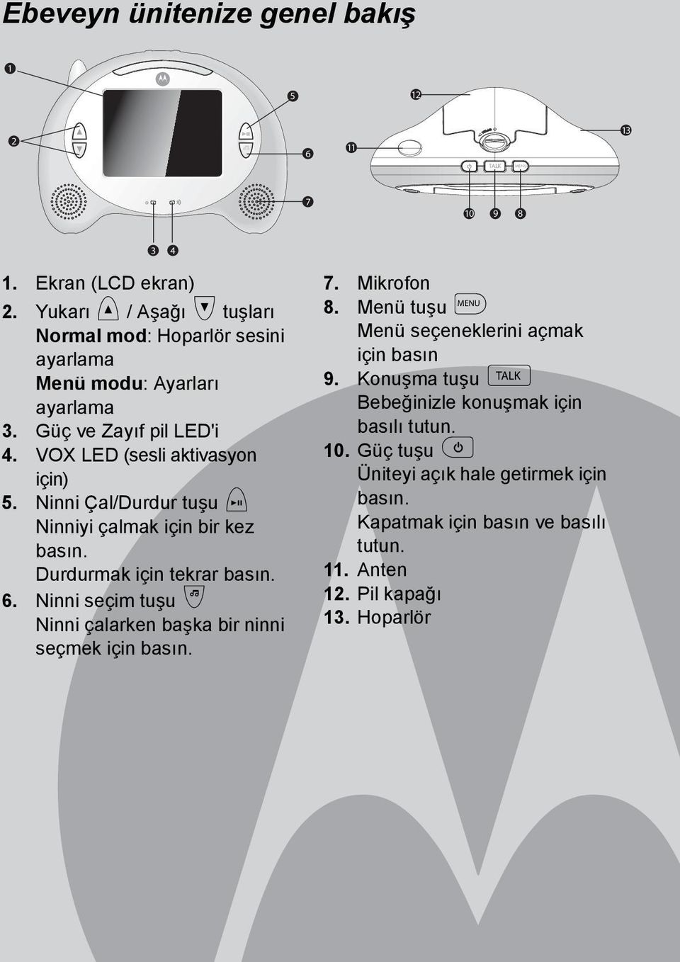 Ninni Çal/Durdur tuşu i Ninniyi çalmak için bir kez basõn. Durdurmak için tekrar basõn. 6. Ninni seçim tuşu j Ninni çalarken başka bir ninni seçmek için basõn. 7.