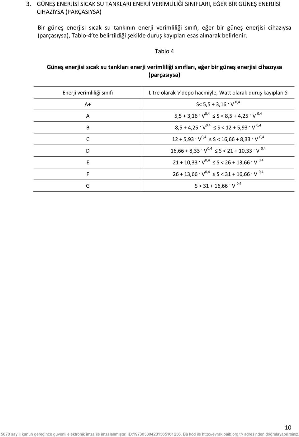 Tablo 4 Güneş enerjisi sıcak su tankları enerji verimliliği sınıfları, eğer bir güneş enerjisi cihazıysa (parçasıysa) Enerji verimliliği sınıfı Litre olarak V depo hacmiyle, Watt olarak duruş