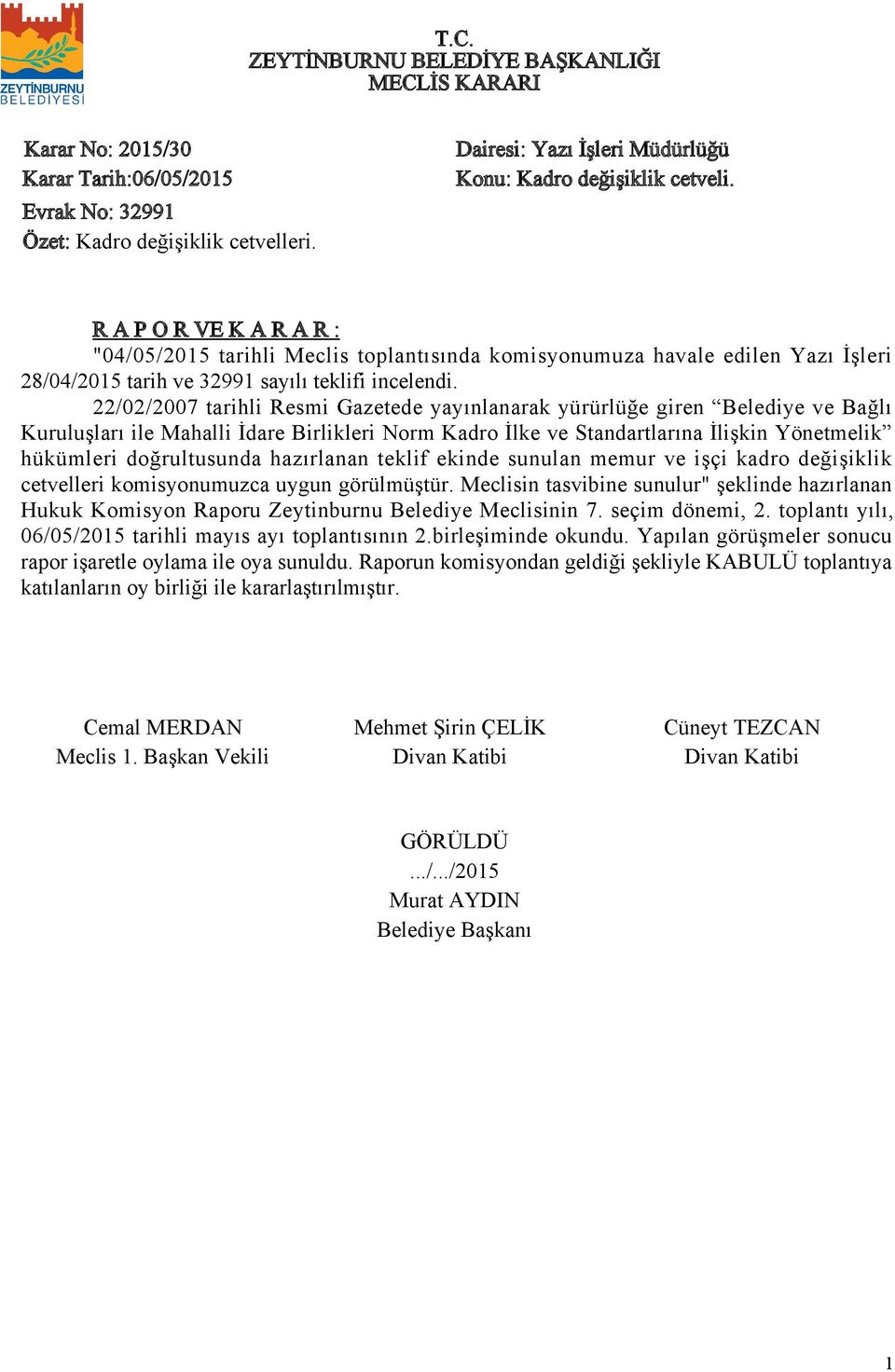 22/02/2007 tarihli Resmi Gazetede yayınlanarak yürürlüğe giren Belediye ve Bağlı Kuruluşları ile Mahalli İdare Birlikleri Norm Kadro İlke ve Standartlarına İlişkin Yönetmelik hükümleri doğrultusunda