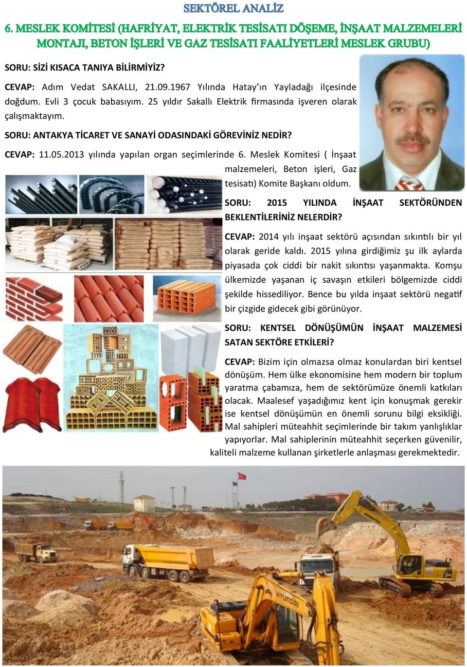 Meslek Komitesi ( İnşaat malzemeleri, Beton işleri, Gaz tesisatı) Komite Başkanı oldum. SORU: 2015 YILINDA İNŞAAT SEKTÖRÜNDEN BEKLENTİLERİNİZ NELERDİR?