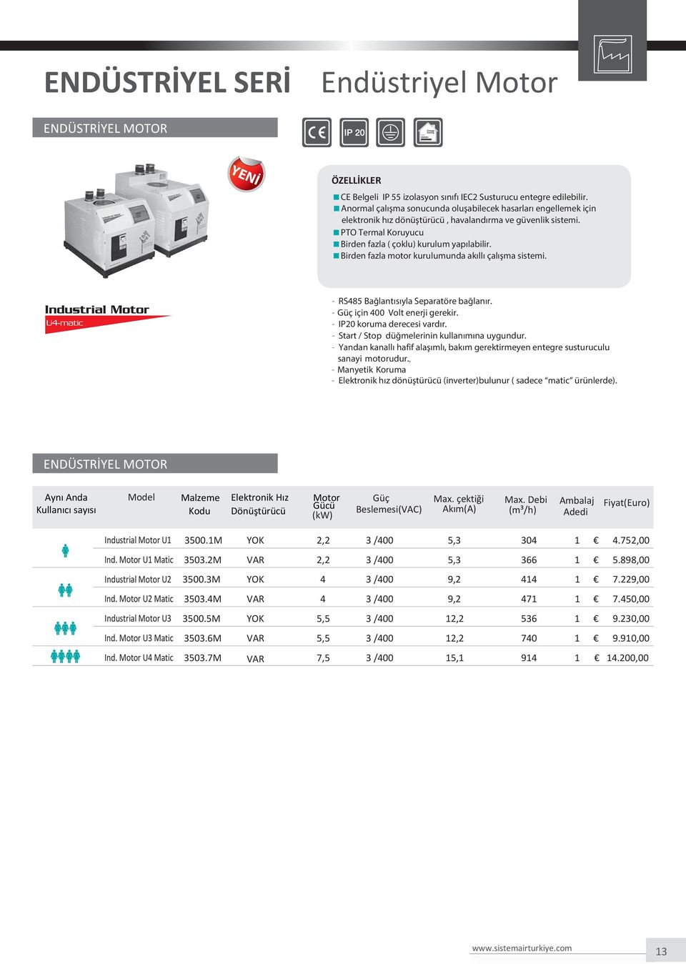 Birden fazla motor kurulumunda akıllı çalışma sistemi. - RS485 Bağlantısıyla Separatöre bağlanır. - Güç için 400 Volt enerji gerekir. - IP20 koruma derecesi vardır.