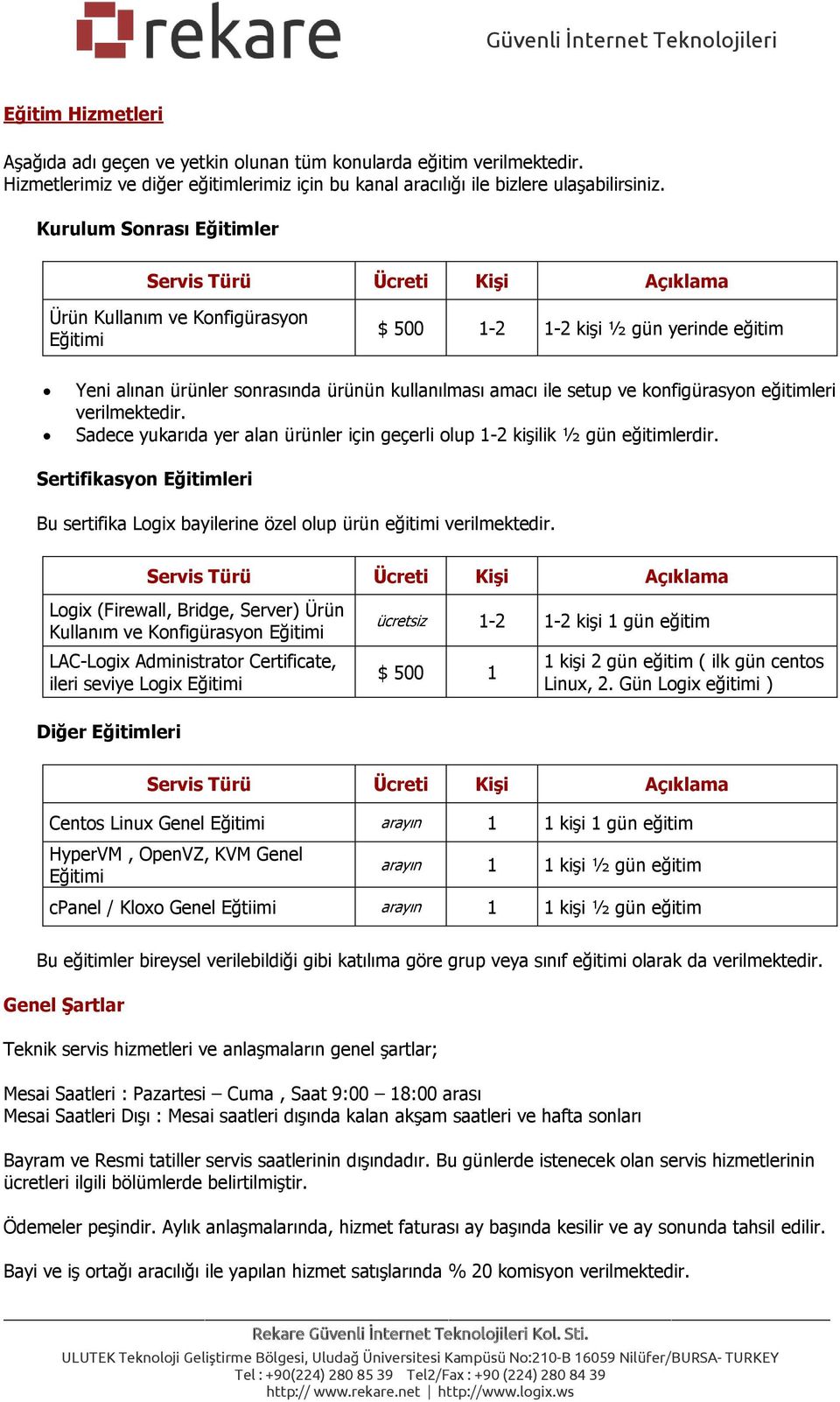 Kurulum Snrası Eğitimler Türü Kişi Ürün Kullanım ve Knfigürasyn Eğitimi $ 500 1-2 1-2 kişi ½ gün yerinde eğitim Yeni alınan ürünler snrasında ürünün kullanılması amacı ile setup ve knfigürasyn