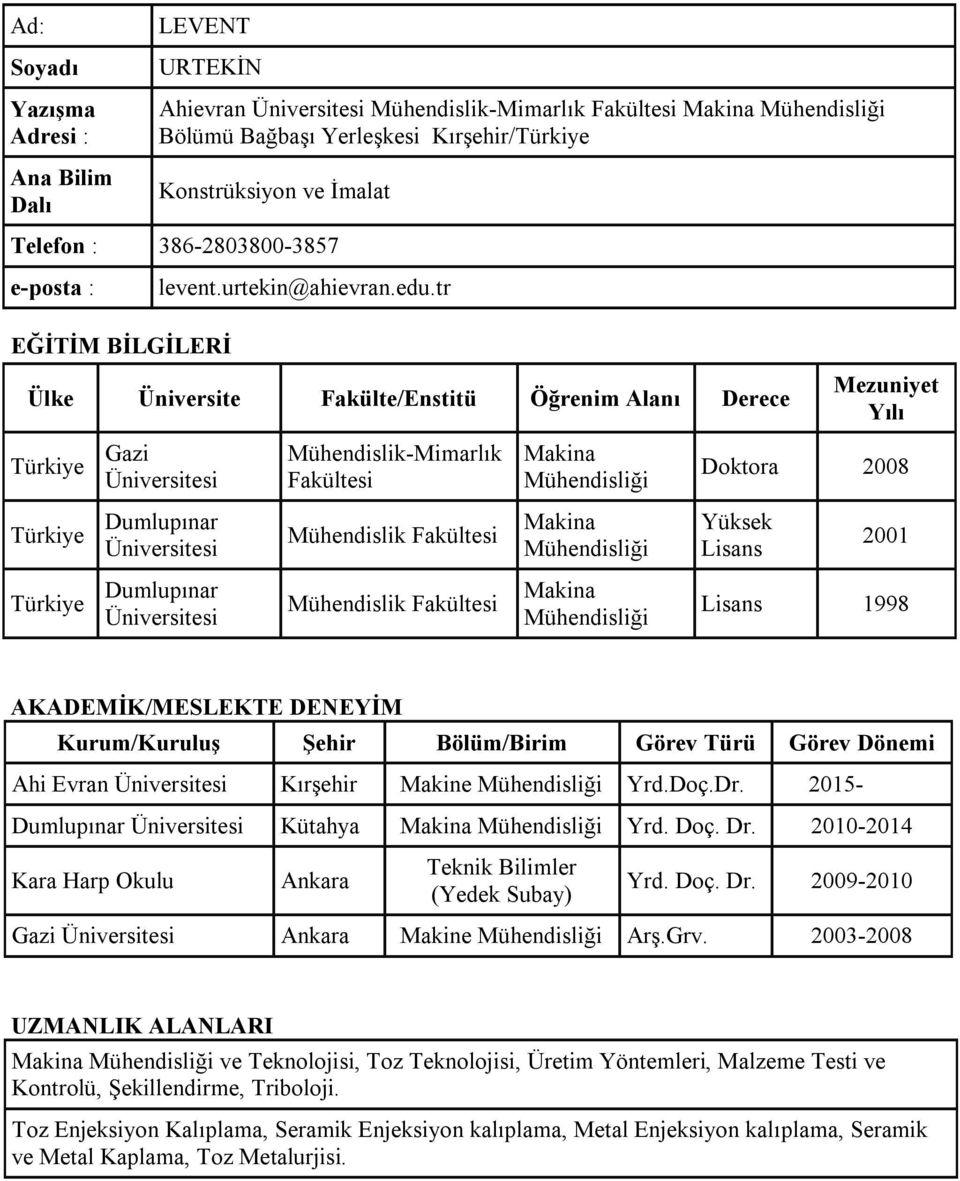 tr EĞİTİM BİLGİLERİ Ülke Üniversite Fakülte/Enstitü Öğrenim Alanı Derece Türkiye Mühendislik-Mimarlık Fakültesi Makina Mühendisliği Mezuniyet Yılı Doktora 2008 Türkiye Mühendislik Fakültesi Makina