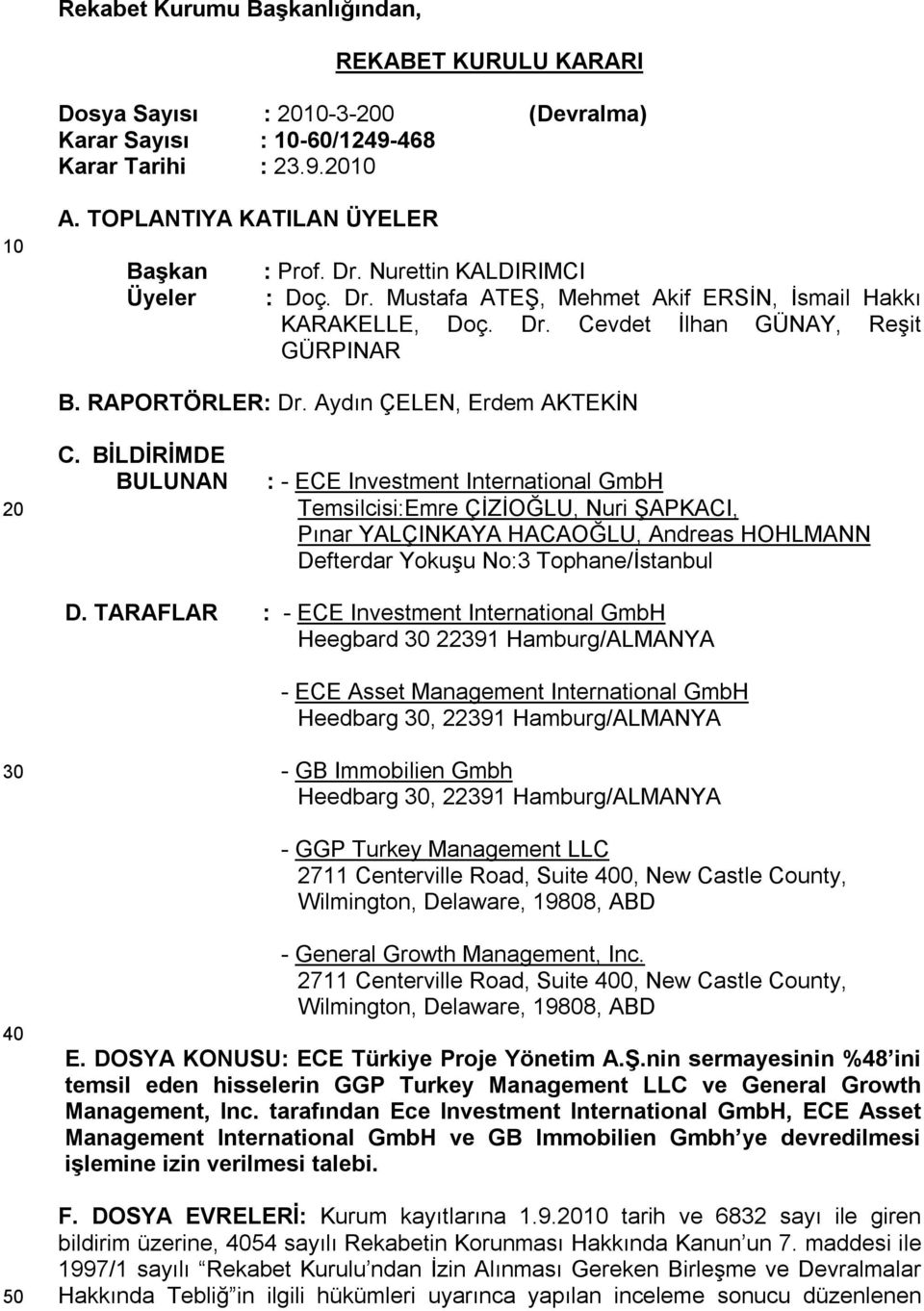 BİLDİRİMDE BULUNAN : - ECE Investment International GmbH Temsilcisi:Emre ÇİZİOĞLU, Nuri ŞAPKACI, Pınar YALÇINKAYA HACAOĞLU, Andreas HOHLMANN Defterdar Yokuşu No:3 Tophane/İstanbul D.