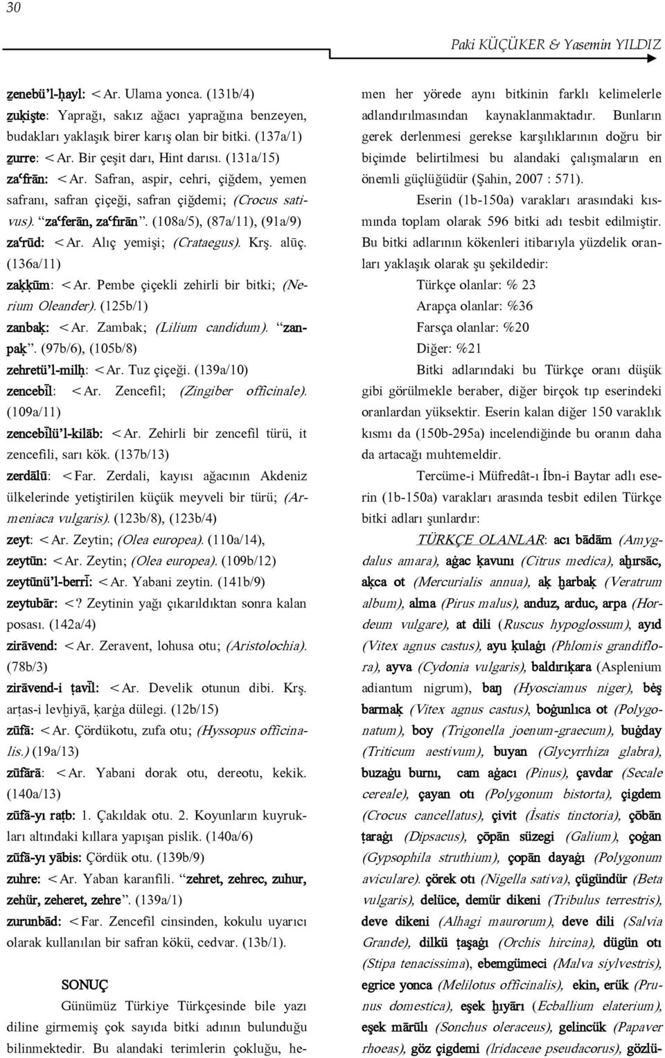 (108a/5), (87a/11), (91a/9) zaʿrūd: <Ar. Alıç yemişi; (Crataegus). Krş. alūç. (136a/11) zaḳḳūm: <Ar. Pembe çiçekli zehirli bir bitki; (Nerium Oleander). (125b/1) zanbaḳ: <Ar.