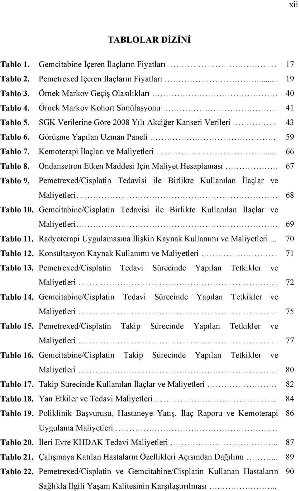 .. 66 Tablo 8. Ondansetron Etken Maddesi İçin Maliyet Hesaplaması. 67 Tablo 9. Pemetrexed/Cisplatin Tedavisi ile Birlikte Kullanılan İlaçlar ve Maliyetleri 68 Tablo 10.