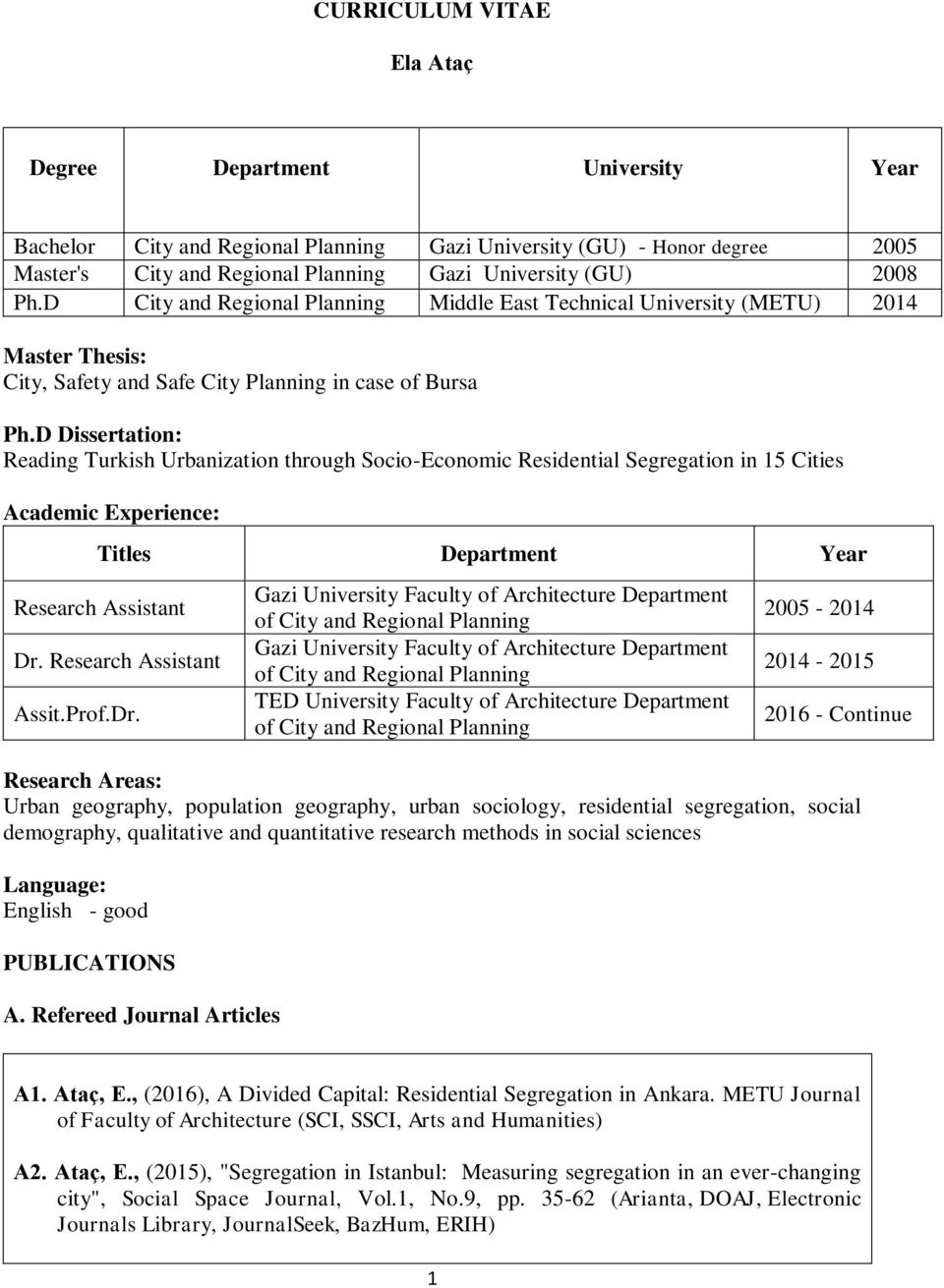 D Dissertation: Reading Turkish Urbanization through Socio-Economic Residential Segregation in 15 Cities Academic Experience: Titles Department Year Research Assistant Dr. Research Assistant Assit.