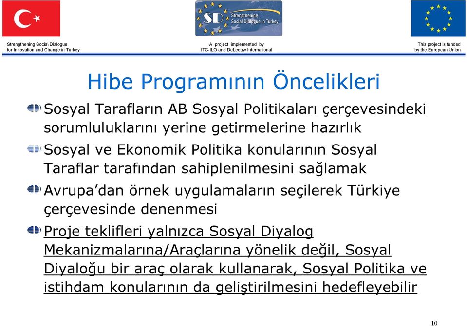 uygulamaların seçilerek Türkiye çerçevesinde denenmesi Proje teklifleri yalnızca Sosyal Diyalog Mekanizmalarına/Araçlarına