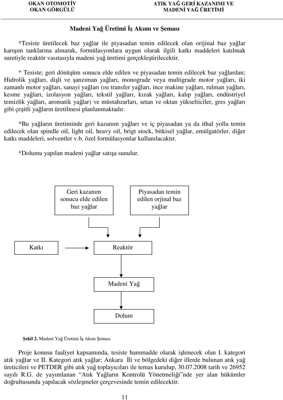 * Tesiste; geri dönüşüm sonucu elde edilen ve piyasadan temin edilecek baz yağlardan; Hidrolik yağları, dişli ve şanzıman yağları, monograde veya multigrade motor yağları, iki zamanlı motor yağları,