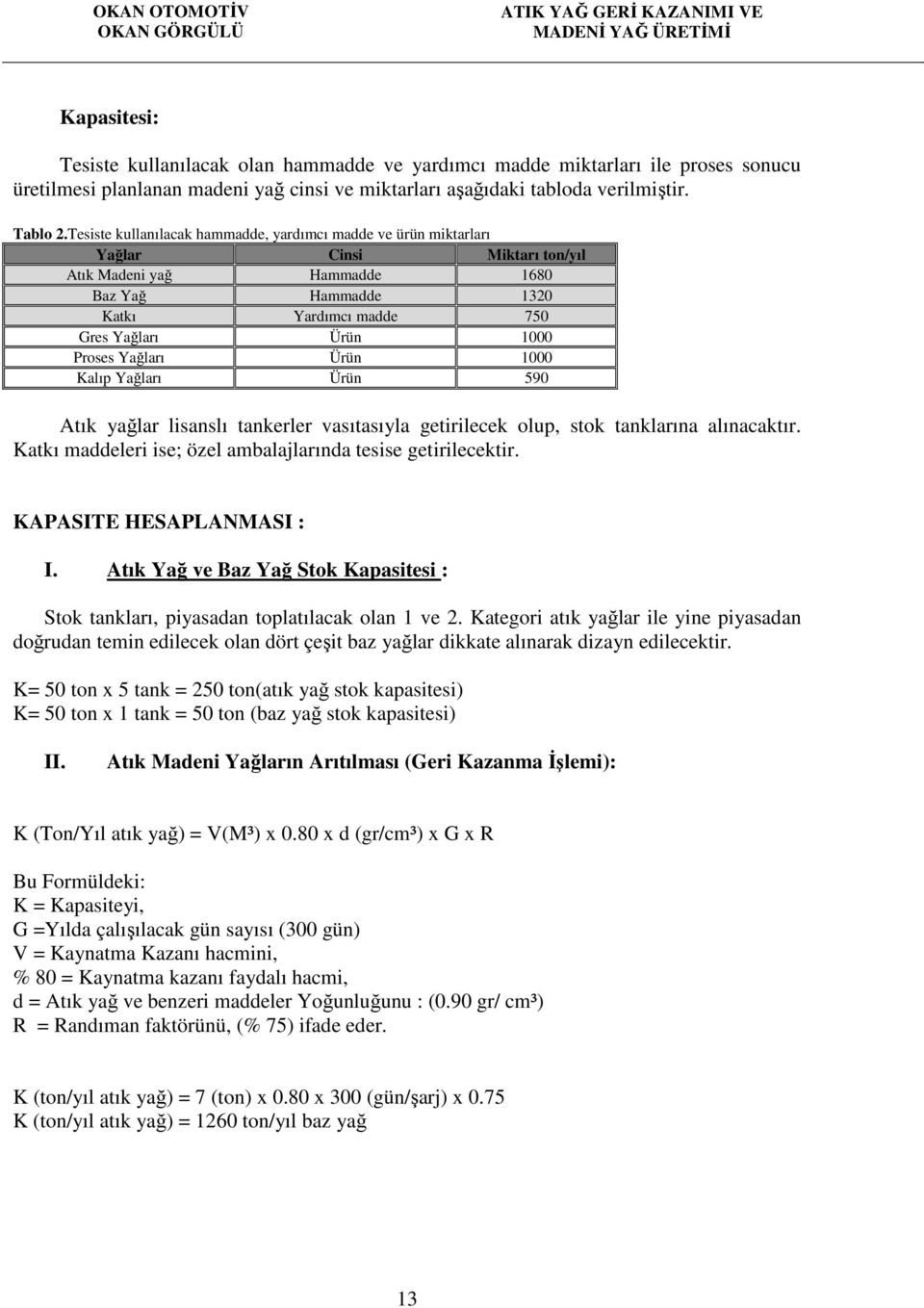 Proses Yağları Ürün 1000 Kalıp Yağları Ürün 590 Atık yağlar lisanslı tankerler vasıtasıyla getirilecek olup, stok tanklarına alınacaktır.