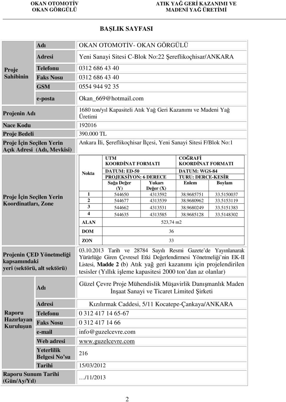 Okan_669@hotmail.com 1680 ton/yıl Kapasiteli Atık Yağ Geri Kazanımı ve Madeni Yağ Üretimi 390.