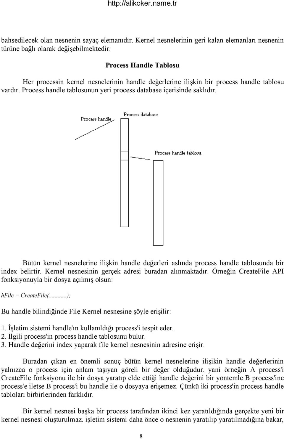 Bütün kernel nesnelerine ilişkin handle değerleri aslında process handle tablosunda bir index belirtir. Kernel nesnesinin gerçek adresi buradan alınmaktadır.