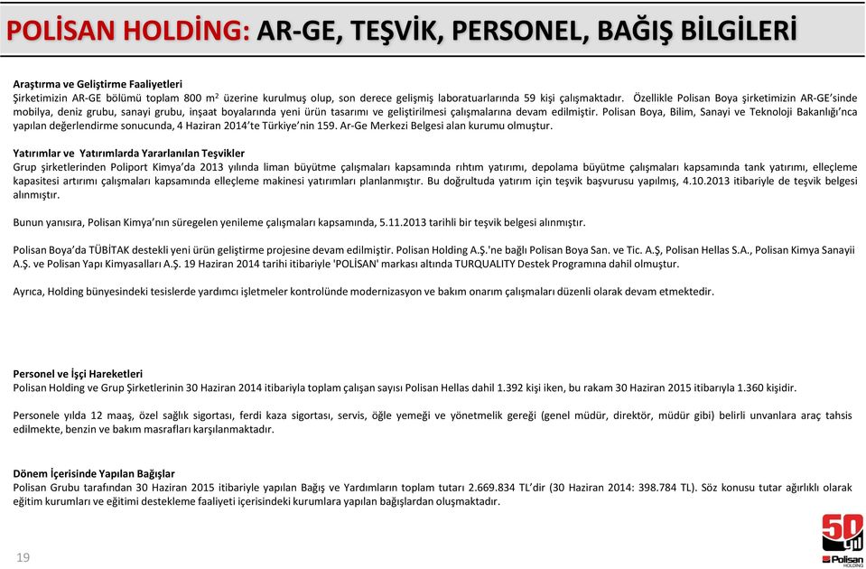 Polisan Boya, Bilim, Sanayi ve Teknoloji Bakanlığı nca yapılan değerlendirme sonucunda, 4 Haziran 2014 te Türkiye nin 159. Ar-Ge Merkezi Belgesi alan kurumu olmuştur.