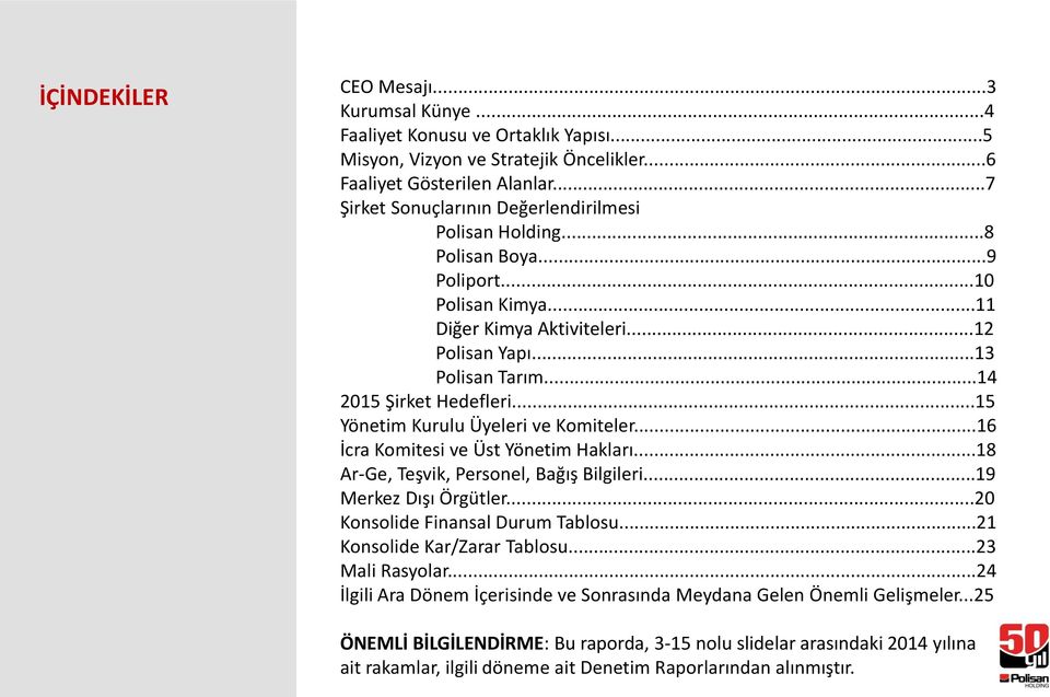 ..15 Yönetim Kurulu Üyeleri ve Komiteler...16 İcra Komitesi ve Üst Yönetim Hakları...18 Ar-Ge, Teşvik, Personel, Bağış Bilgileri...19 Merkez Dışı Örgütler...20 Konsolide Finansal Durum Tablosu.