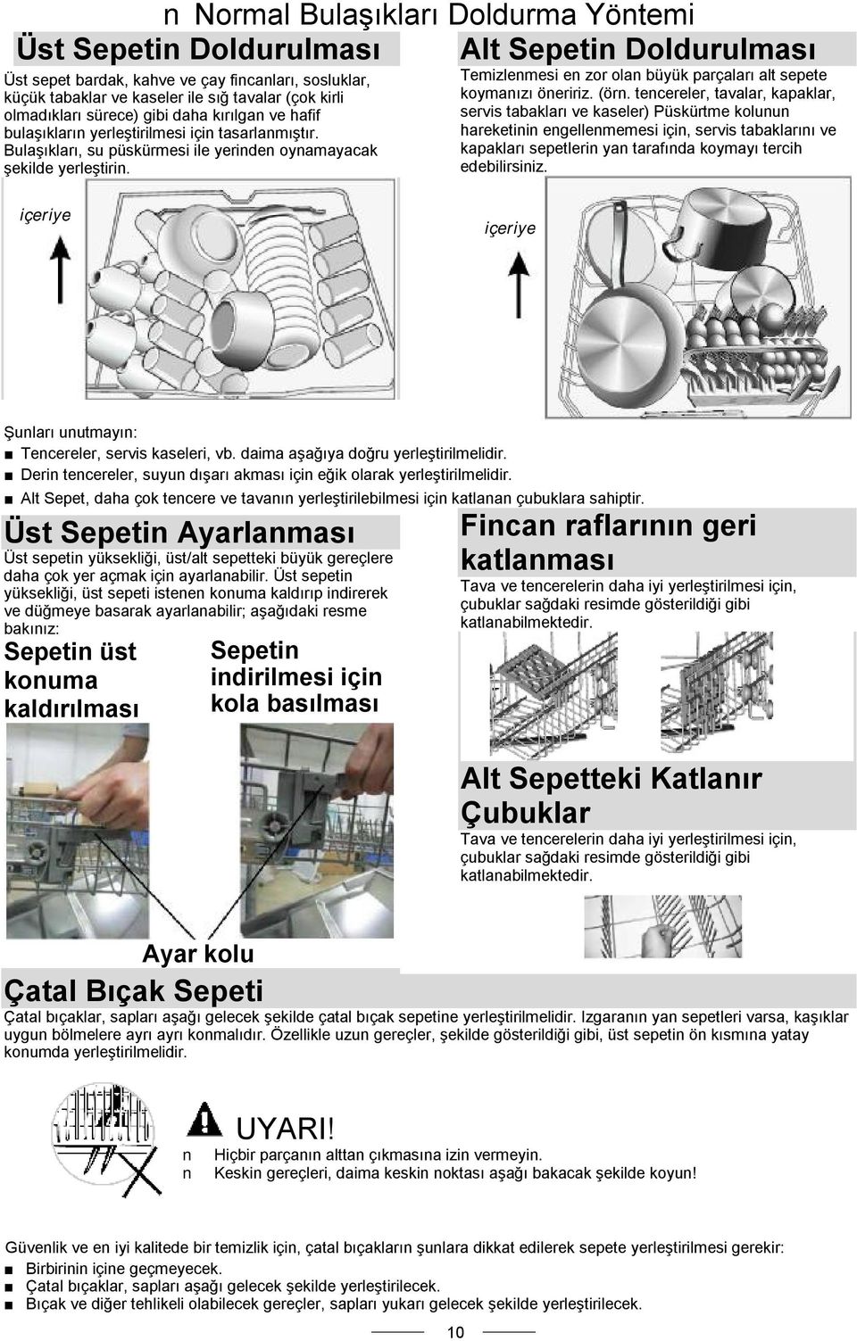 Alt Sepetin Doldurulması Temizlenmesi en zor olan büyük parçaları alt sepete koymanızı öneririz. (örn.