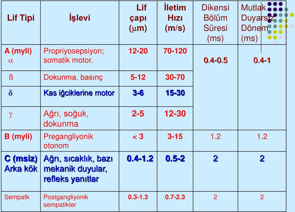 4-1 ß Dokunma, basınç 5-12 30-70 δ Kas iğciklerine motor 3-6 15-30 γ B (myli) C (msiz) Arka kök Sempatk Ağrı,