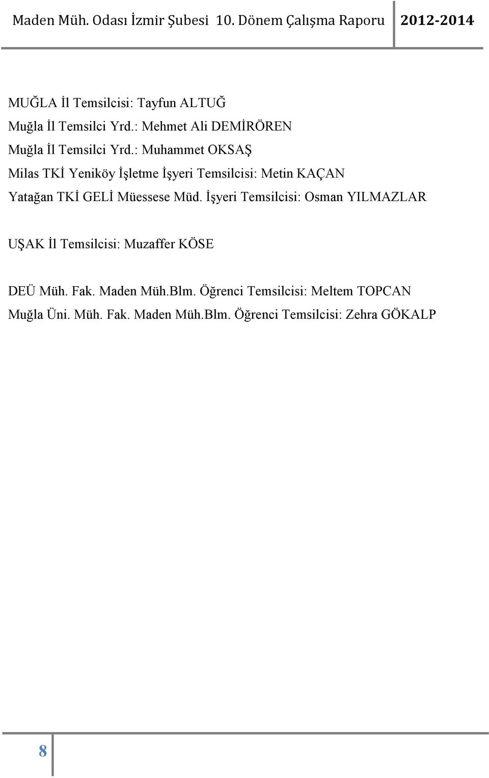 Müd. Đşyeri Temsilcisi: Osman YILMAZLAR UŞAK Đl Temsilcisi: Muzaffer KÖSE DEÜ Müh. Fak. Maden Müh.Blm.