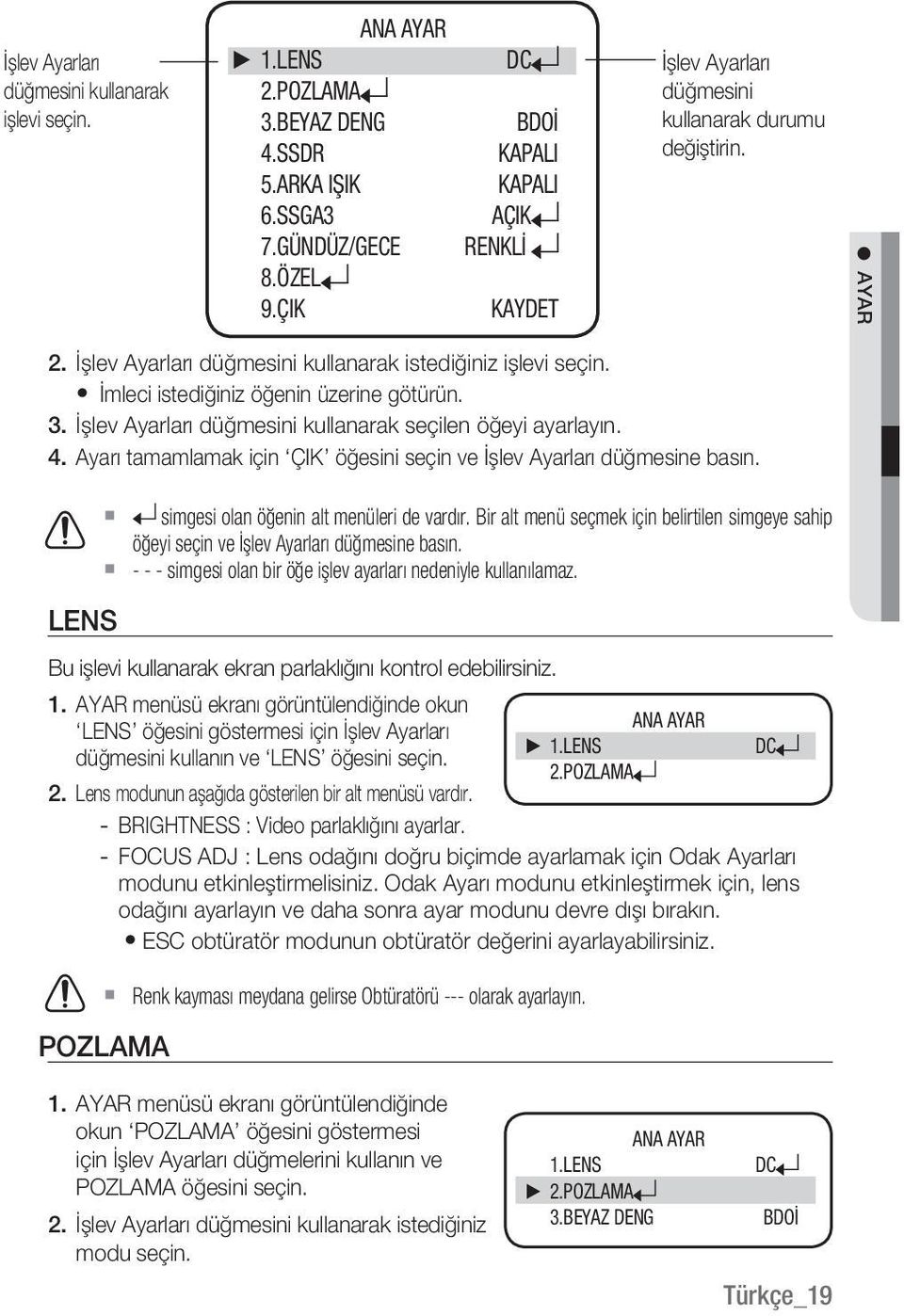 3. İşlev Ayarları düğmesini kullanarak seçilen öğeyi ayarlayın. 4. Ayarı tamamlamak için ÇIK öğesini seçin ve İşlev Ayarları düğmesine basın. LENS simgesi olan öğenin alt menüleri de vardır.