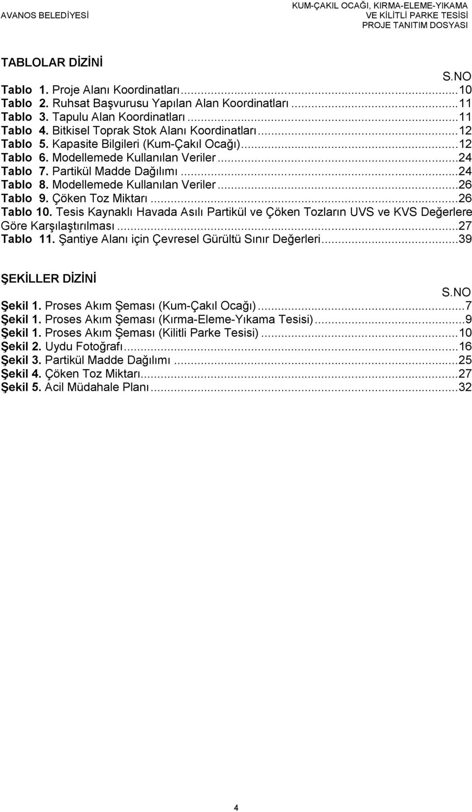 ..12 Tablo 6. Modellemede Kullanılan Veriler...24 Tablo 7. Partikül Madde Dağılımı...24 Tablo 8. Modellemede Kullanılan Veriler...26 Tablo 9. Çöken Toz Miktarı...26 Tablo 10.