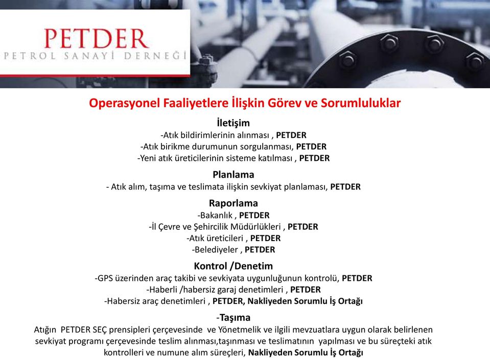 PETDER Kontrol /Denetim -GPS üzerinden araç takibi ve sevkiyata uygunluğunun kontrolü, PETDER -Haberli /habersiz garaj denetimleri, PETDER -Habersiz araç denetimleri, PETDER, Nakliyeden Sorumlu İş