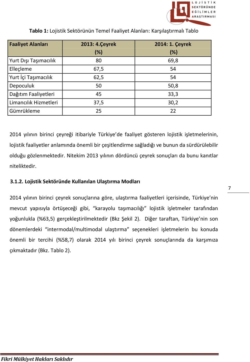 birinci çeyreği itibariyle Türkiye de faaliyet gösteren lojistik işletmelerinin, lojistik faaliyetler anlamında önemli bir çeşitlendirme sağladığı ve bunun da sürdürülebilir olduğu gözlenmektedir.