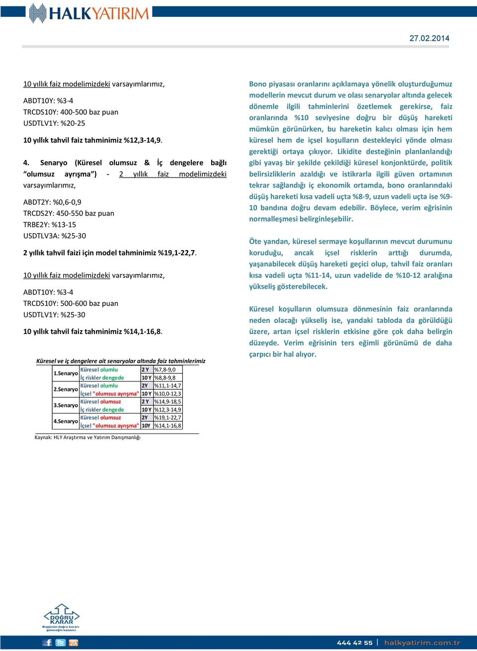 Senaryo (Küresel olumsuz & İç dengelere bağlı olumsuz ayrışma ) - 2 yıllık faiz modelimizdeki varsayımlarımız, ABDT2Y: %0,6-0,9 TRCDS2Y: 450-550 baz puan TRBE2Y: %13-15 USDTLV3A: %25-30 2 yıllık