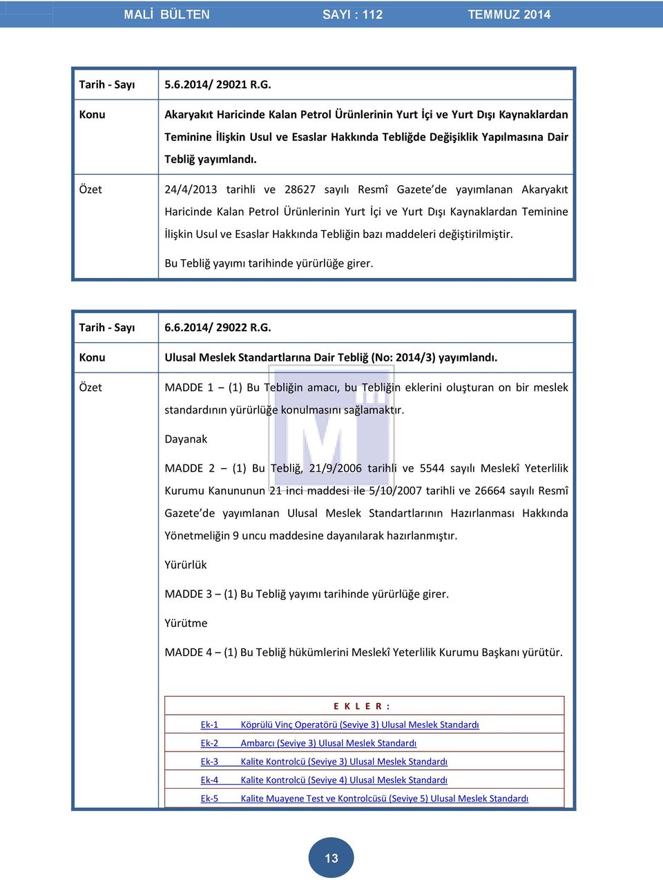 maddeleri değiştirilmiştir. Bu Tebliğ yayımı tarihinde yürürlüğe girer. 6.6.2014/ 29022 R.G. Ulusal Meslek Standartlarına Dair Tebliğ (No: 2014/3) yayımlandı.