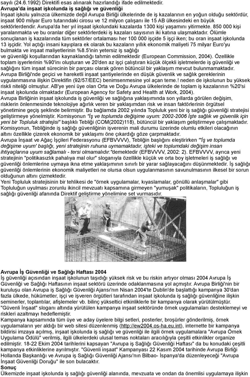 cirosu ve 12 milyon çalışanı ile 15 AB ülkesindeki en büyük sektörlerdendir. Avrupa'da her yıl inşaat işkolundaki kazalarda 1300 kişi yaşamını yitirmekte.