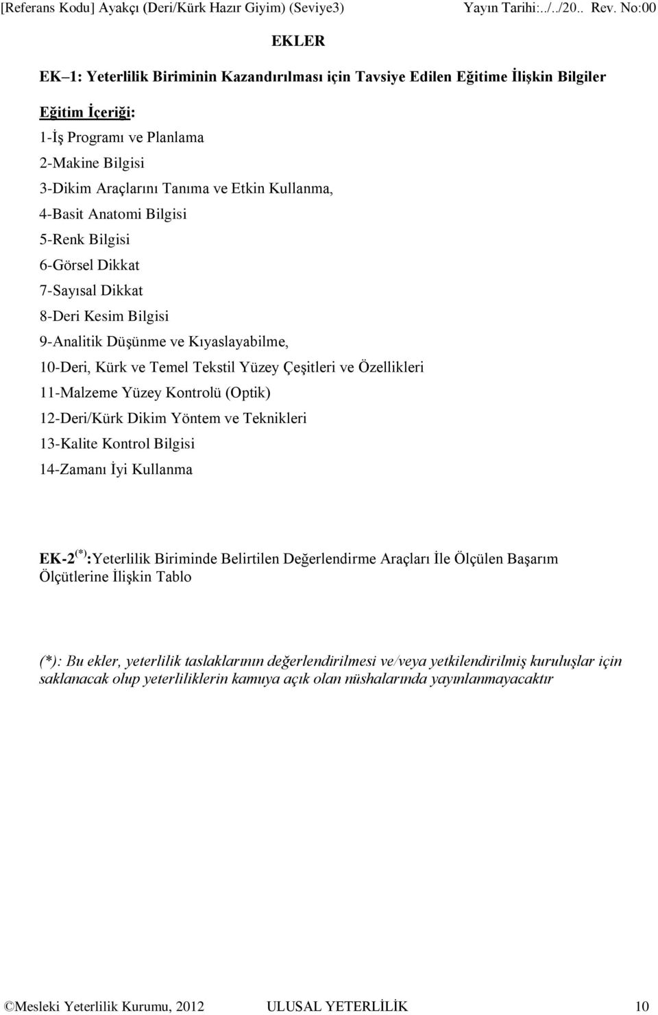 11-Malzeme Yüzey Kontrolü (Optik) 12-Deri/Kürk Dikim Yöntem ve Teknikleri 13-Kalite Kontrol Bilgisi 14-Zamanı İyi Kullanma EK-2 (*) :Yeterlilik Biriminde Belirtilen Değerlendirme Araçları İle Ölçülen