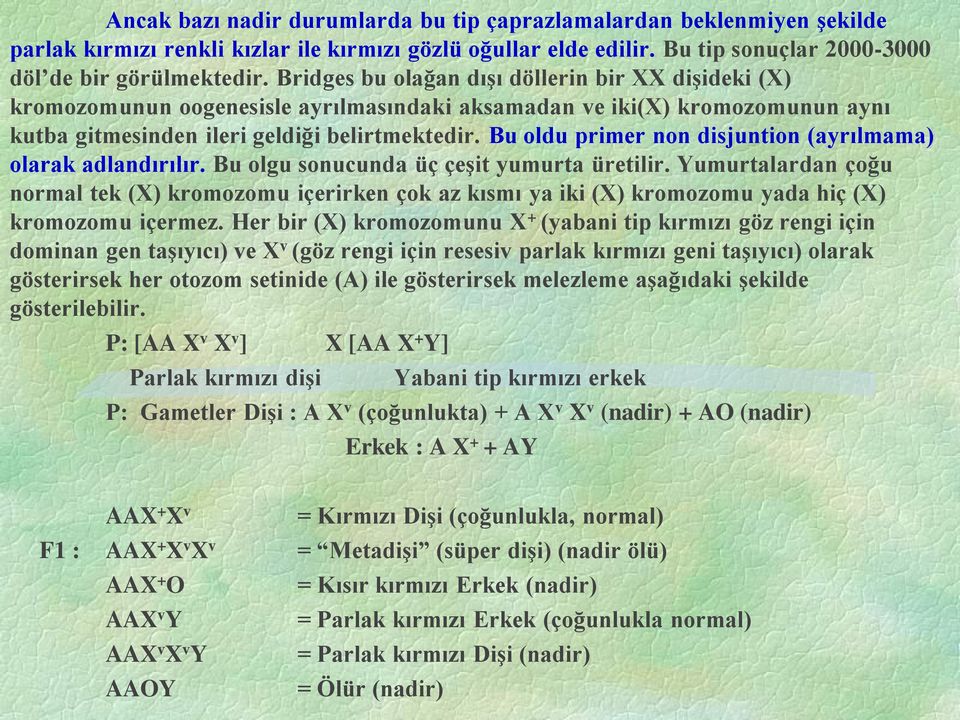 Bu oldu primer non disjuntion (ayrılmama) olarak adlandırılır. Bu olgu sonucunda üç çeşit yumurta üretilir.