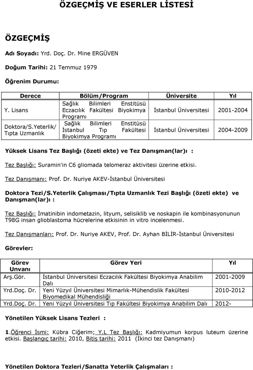 Yeterlik/ İstanbul Tıp Fakültesi Tıpta Uzmanlık Biyokimya Programı İstanbul Üniversitesi 2004-2009 Yüksek Lisans Tez Başlığı (özeti ekte) ve Tez Danışman(lar)ı : Tez Başlığı: Suramin'in C6 gliomada