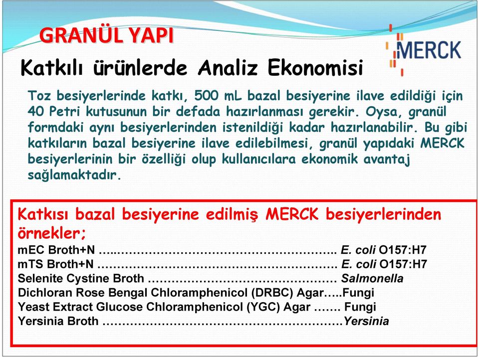 Bu gibi katkıların bazal besiyerine ilave edilebilmesi, granül yapıdaki MERCK besiyerlerinin bir özelliği olup kullanıcılara ekonomik avantaj sağlamaktadır.