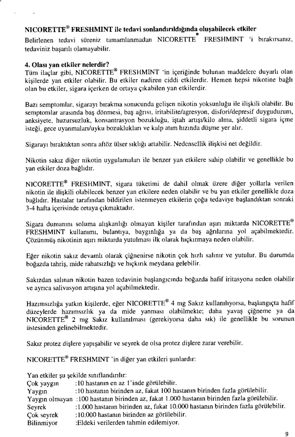 Hemen hepsi nikotine bagh olan bu etkiler, sigara icerken de ortaya cikabilen yan etkilerdir. Bazi semptomlar, sigarayi birakma sonucunda gclisen nikolin yoksunlugu ile ili kili olabilir.