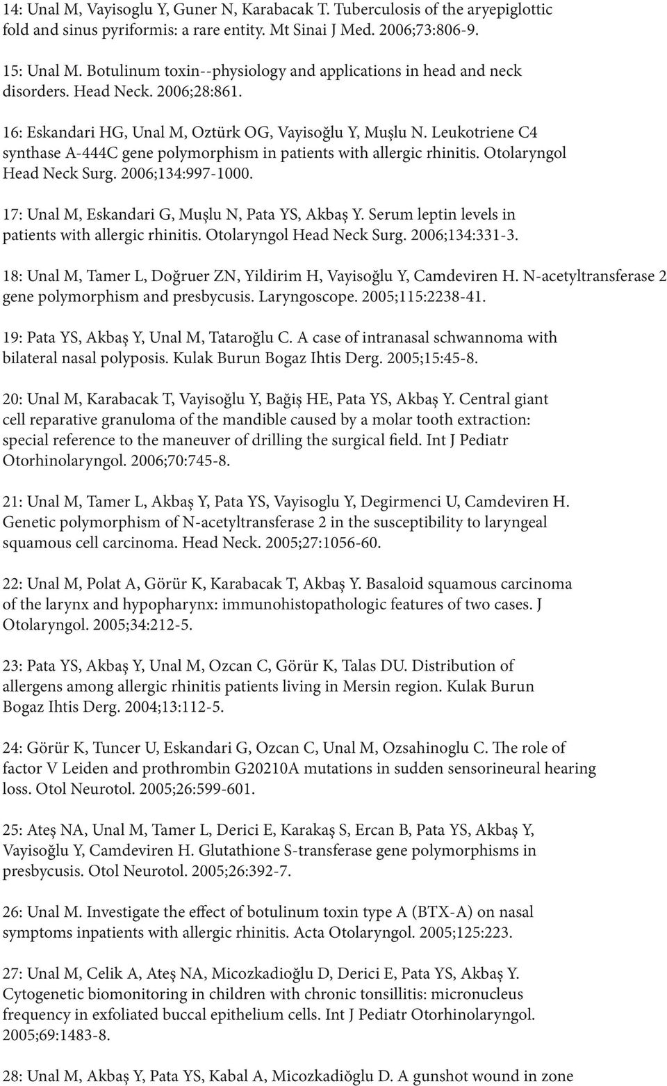 Leukotriene C4 synthase A-444C gene polymorphism in patients with allergic rhinitis. Otolaryngol Head Neck Surg. 2006;134:997-1000. 17: Unal M, Eskandari G, Muşlu N, Pata YS, Akbaş Y.