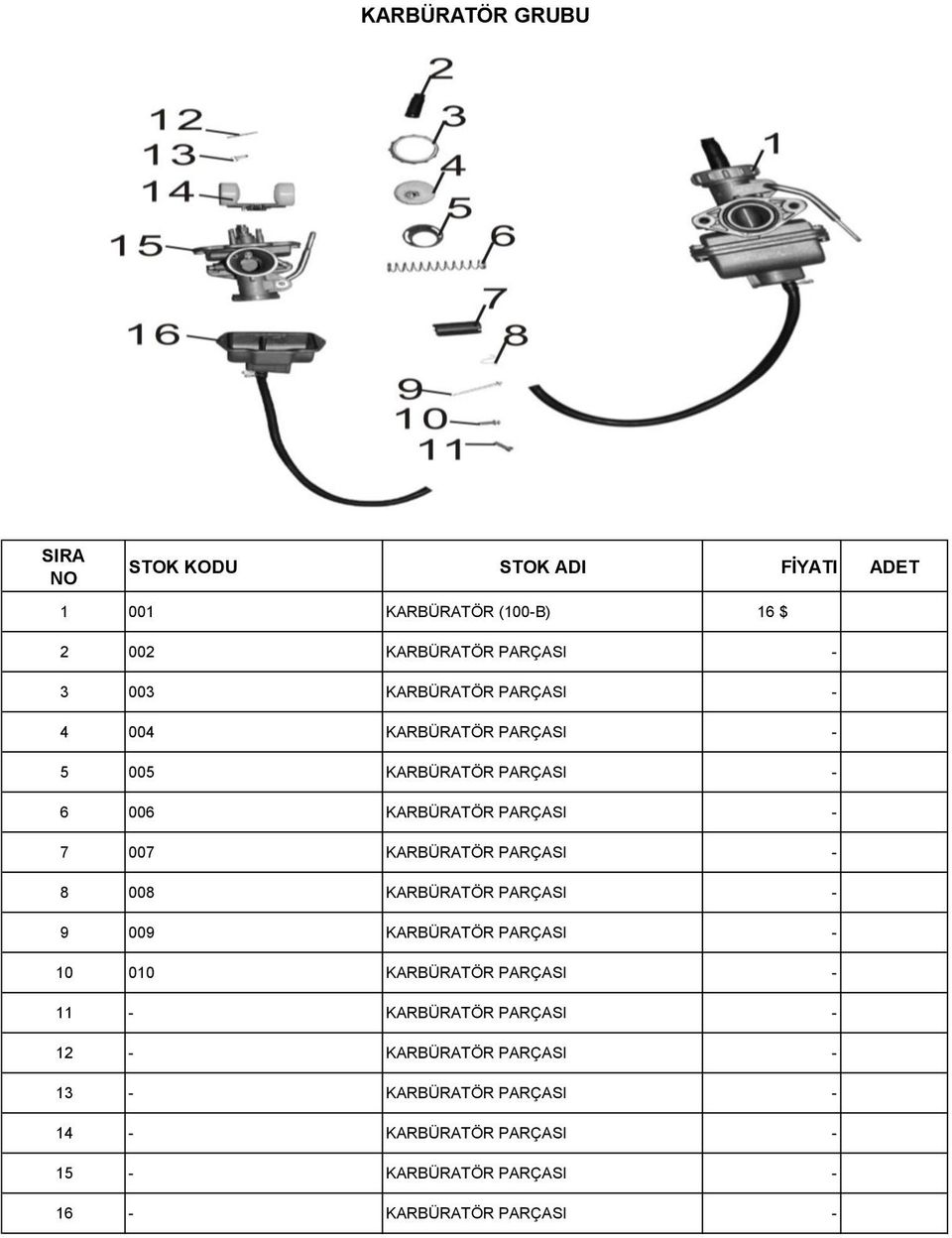 KARBÜRATÖR PARÇASI - 9 009 KARBÜRATÖR PARÇASI - 10 010 KARBÜRATÖR PARÇASI - 11 - KARBÜRATÖR PARÇASI - 12 -