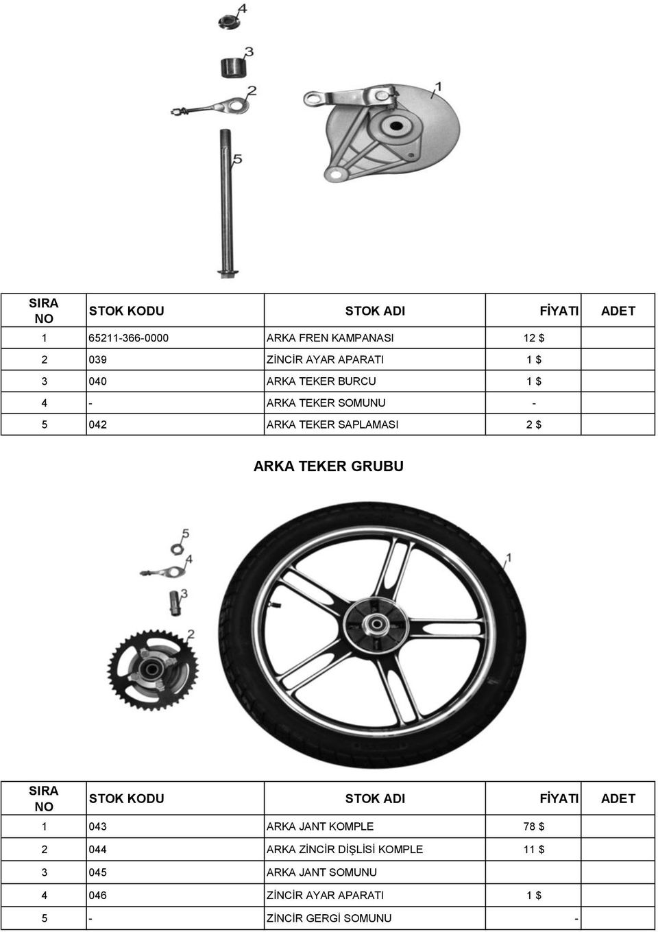 ARKA TEKER GRUBU 1 043 ARKA JANT KOMPLE 78 $ 2 044 ARKA ZİNCİR DİŞLİSİ KOMPLE