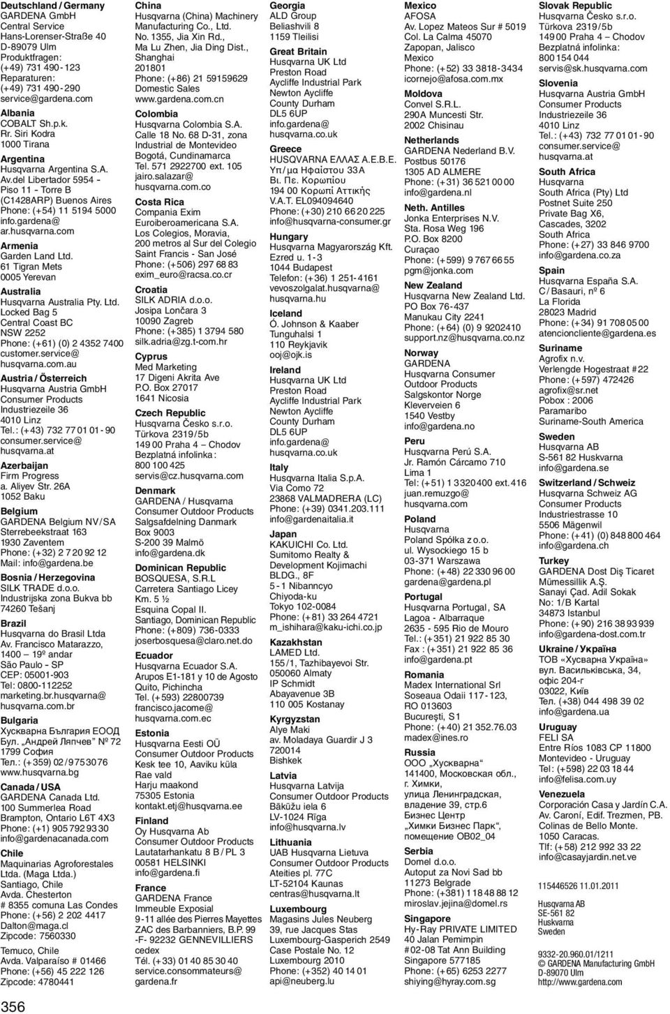 com Armenia Garden Land Ltd. 61 Tigran Mets 0005 Yerevan Australia Husqvarna Australia Pty. Ltd. Locked Bag 5 Central Coast BC NSW 2252 Phone: (+61) (0) 2 4352 7400 customer.service@ husqvarna.com.au Austria / Österreich Husqvarna Austria GmbH Consumer Products Industriezeile 36 4010 Linz Tel.