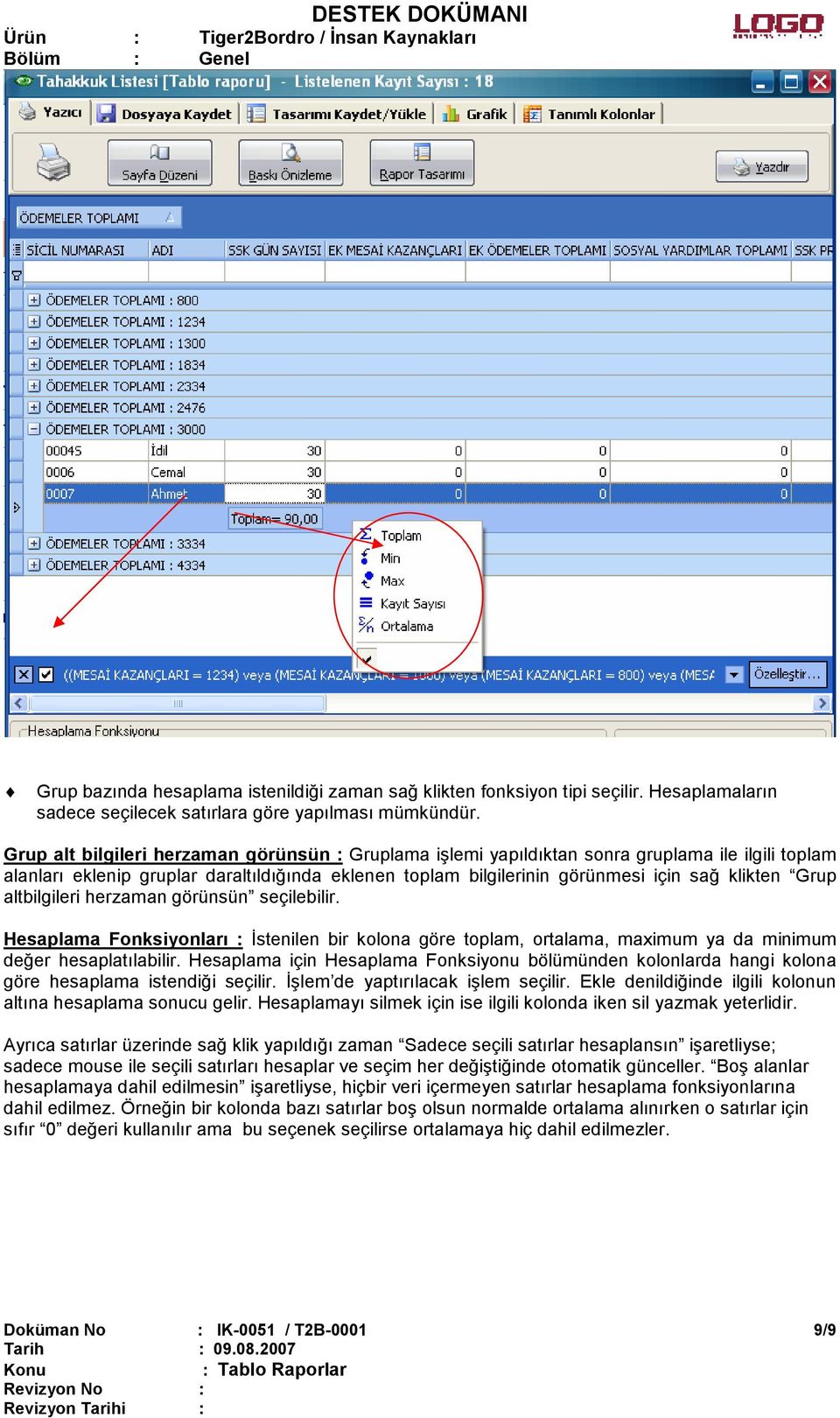 Grup altbilgileri herzaman görünsün seçilebilir. Hesaplama Fonksiyonları : Đstenilen bir kolona göre toplam, ortalama, maximum ya da minimum değer hesaplatılabilir.