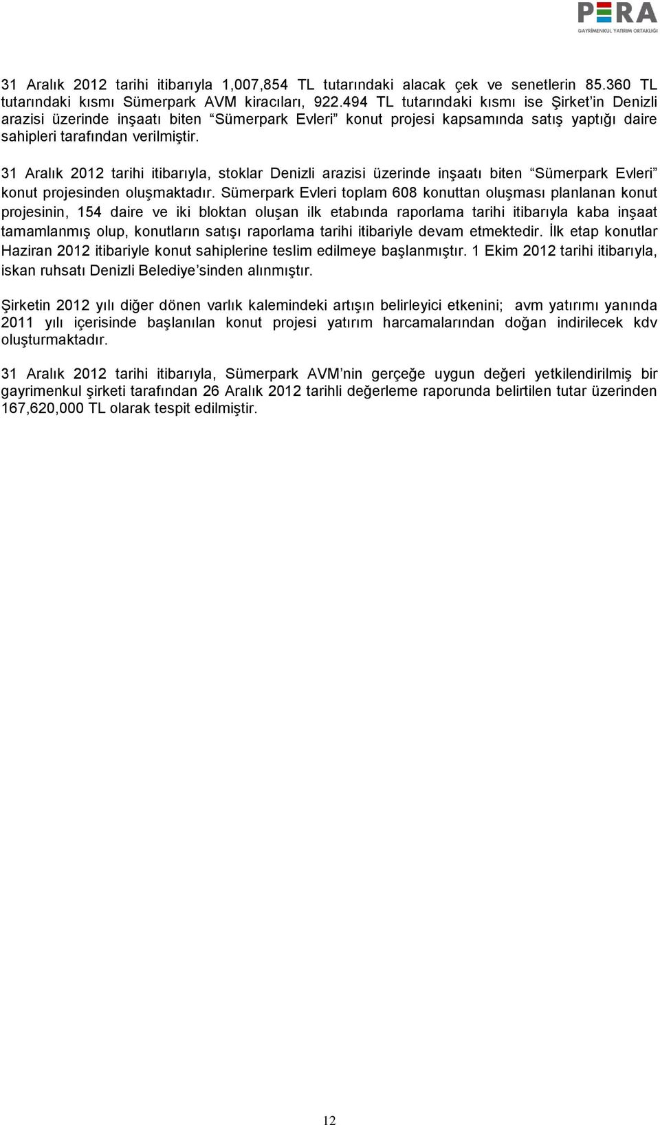 31 Aralık 2012 tarihi itibarıyla, stoklar Denizli arazisi üzerinde inşaatı biten Sümerpark Evleri konut projesinden oluşmaktadır.