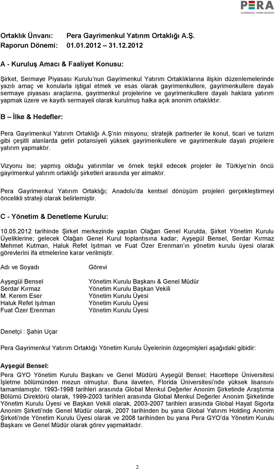 2012 A - Kuruluş Amacı & Faaliyet Konusu: Şirket, Sermaye Piyasası Kurulu nun Gayrimenkul Yatırım Ortaklıklarına ilişkin düzenlemelerinde yazılı amaç ve konularla iştigal etmek ve esas olarak