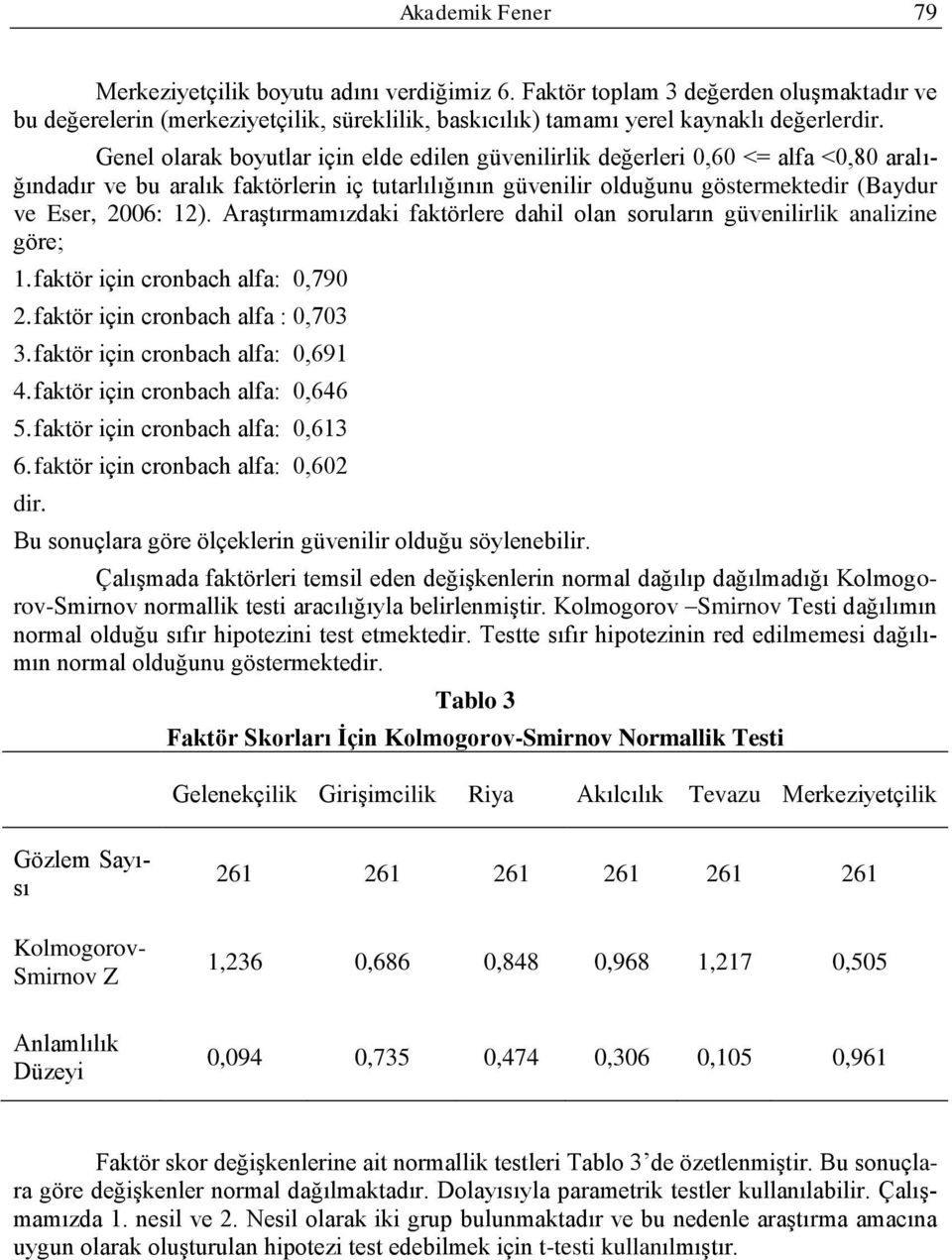 AraĢtırmamızdaki faktörere dahi oan soruarın güveniirik anaizine göre; 1. faktör için cronbach afa: 0,790 2. faktör için cronbach afa : 0,703 3. faktör için cronbach afa: 0,691 4.