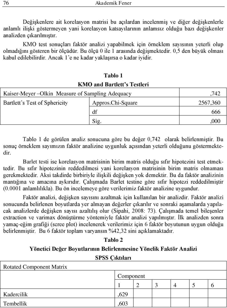 Ancak 1 e ne kadar yakaģırsa o kadar iyidir. Tabo 1 KMO and Bartett s Testeri Kaiser-Meyer Okin Measure of Samping Adequacy,742 Bartett s Test of Sphericity Appros.Chi-Square 2567,360 df 666 Sig.