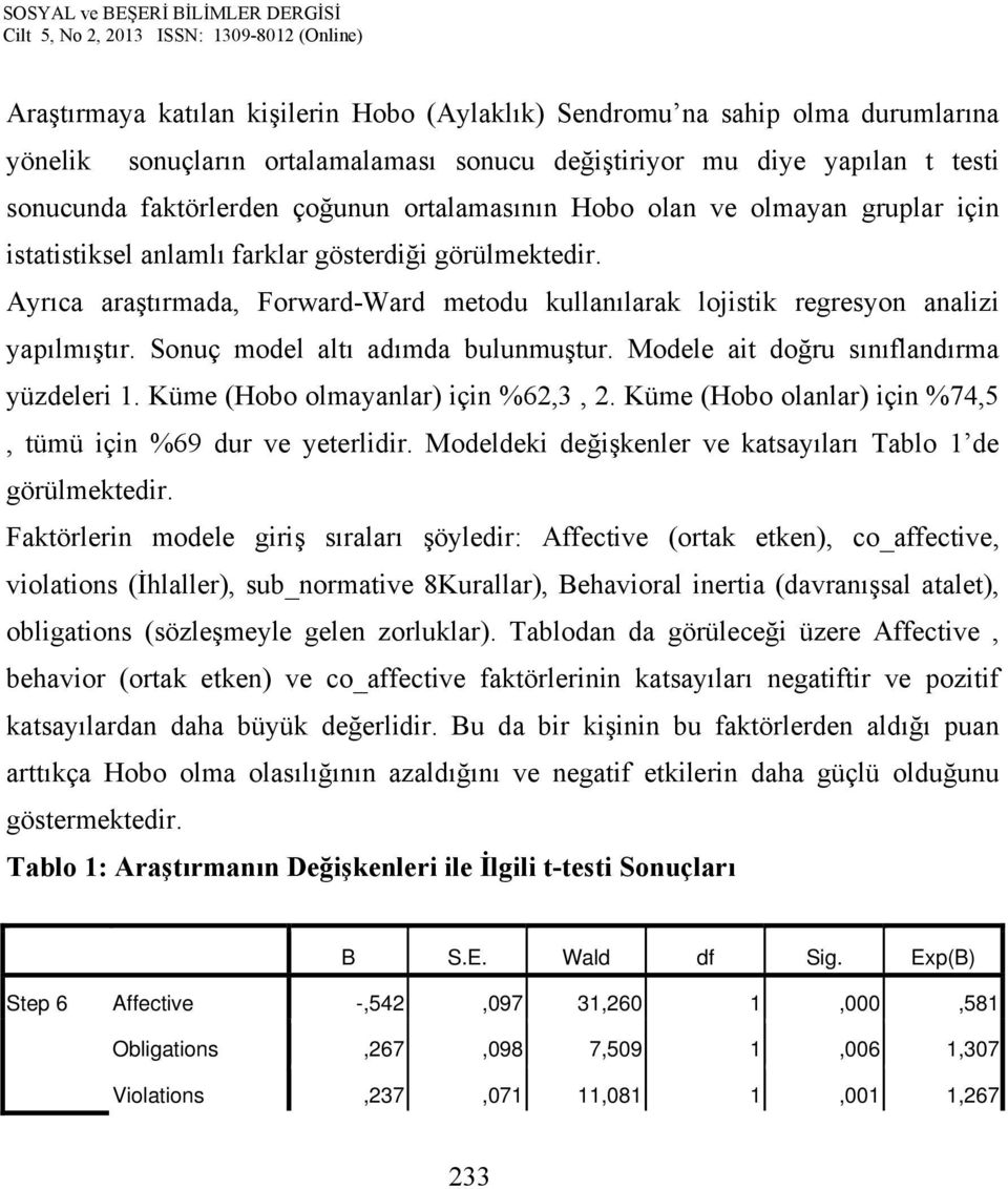 Sonuç model altı adımda bulunmuştur. Modele ait doğru sınıflandırma yüzdeleri 1. Küme (Hobo olmayanlar) için %62,3, 2. Küme (Hobo olanlar) için %74,5, tümü için %69 dur ve yeterlidir.