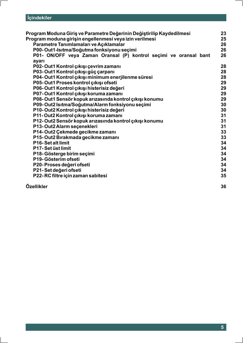 süresi P05- Proses kontrol çýkýþý ofseti P06- Kontrol çýkýþý histerisiz deðeri P07- Kontrol çýkýþý koruma zamaný P08- Sensör kopuk arýzasýnda kontrol çýkýþý konumu P09- Isýtma/Soðutma/Alarm