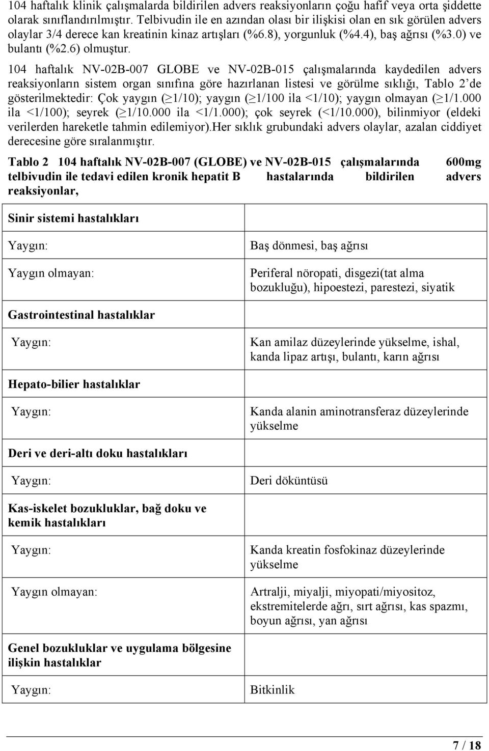 104 haftalık NV-02B-007 GLOBE ve NV-02B-015 çalışmalarında kaydedilen advers reaksiyonların sistem organ sınıfına göre hazırlanan listesi ve görülme sıklığı, Tablo 2 de gösterilmektedir: Çok yaygın (