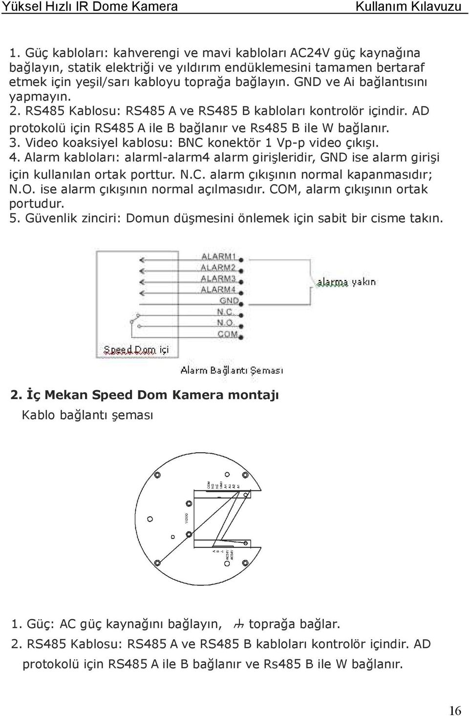 Video koaksiyel kablosu: BNC konektör 1 Vp-p video çıkışı. 4. Alarm kabloları: alarml-alarm4 alarm girişleridir, GND ise alarm girişi için kullanılan ortak porttur. N.C. alarm çıkışının normal kapanmasıdır; N.