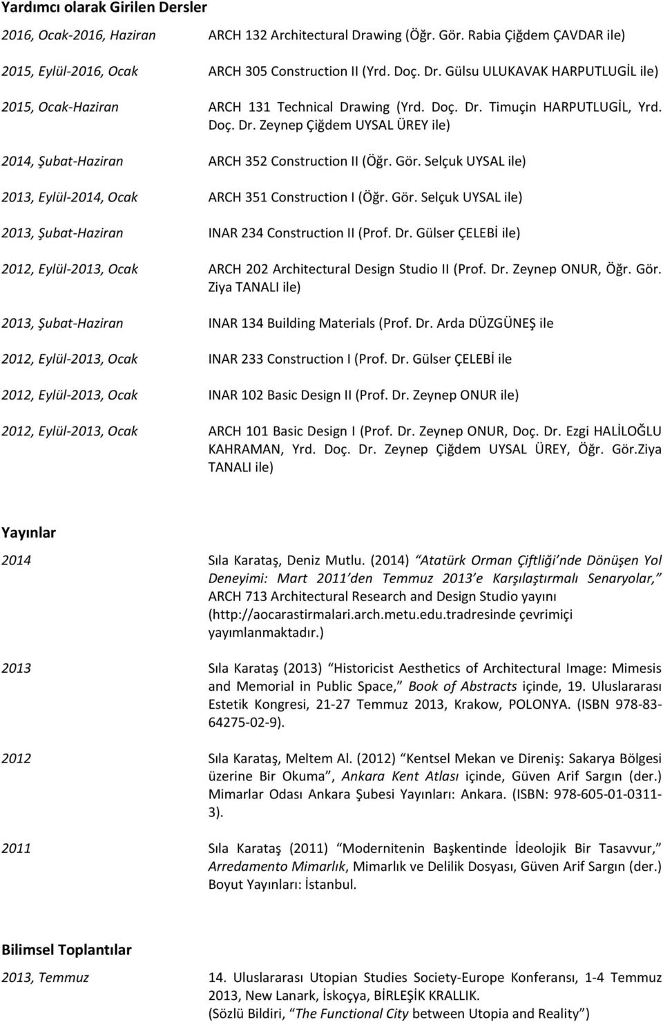 Gör. Selçuk UYSAL ile) 2013, Şubat-Haziran INAR 234 Construction II (Prof. Dr. Gülser ÇELEBİ ile) 2012, Eylül-2013, Ocak ARCH 202 Architectural Design Studio II (Prof. Dr. Zeynep ONUR, Öğr. Gör.